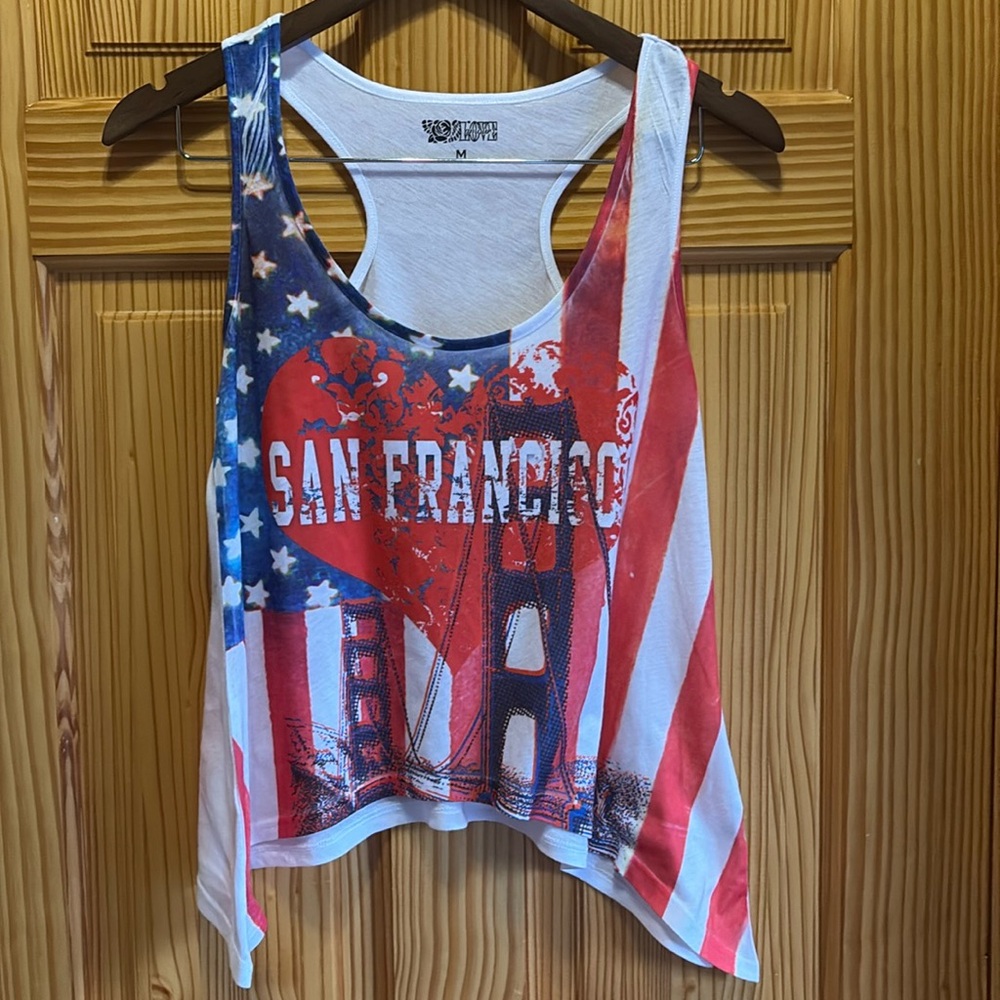 Love, medium, San Francisco bridge, heart and American flag tank top.